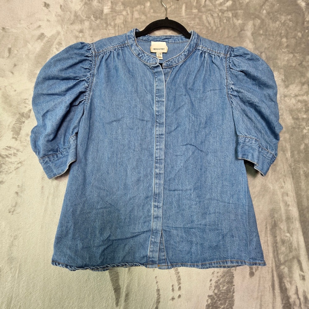 Industry Republic Clothing Blue Denim Puff Sleeve Band Collar Top XL